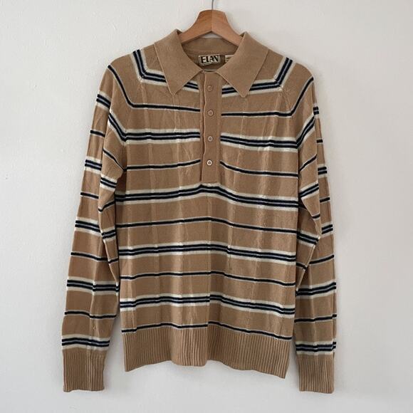 Vtg 70s 80s Beige Stiped Collared Knit Henley Sweater Sz M ELAN Retro Neutral - Picture 1 of 9